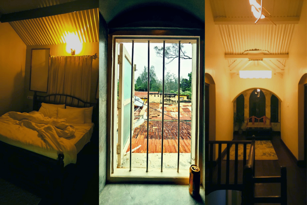 Bedroom, Bathroom windows, and upper landing area at Humming Bird, a budget stay in Ooty.